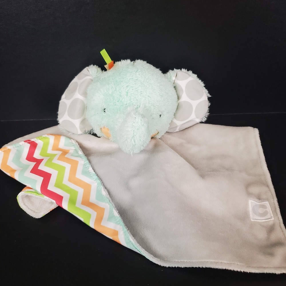 Boppy Elephant Lovey Baby Security Blanket Aqua Finger Puppet Gray W/Chevron